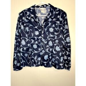 1980s Blair Navy Floral Blue Willow Cottage Coquette Feminine Corporate Shirt XL